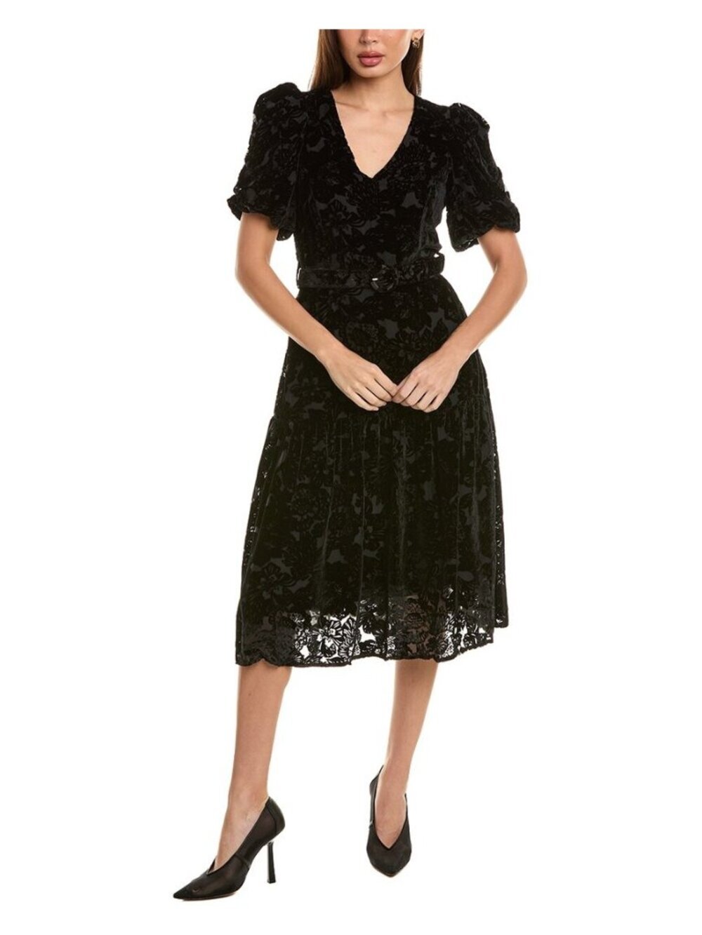 Hale Bob Womens Balloon Sleeve Midi Kimbra Velvet Burnout Dress Size Large Black
